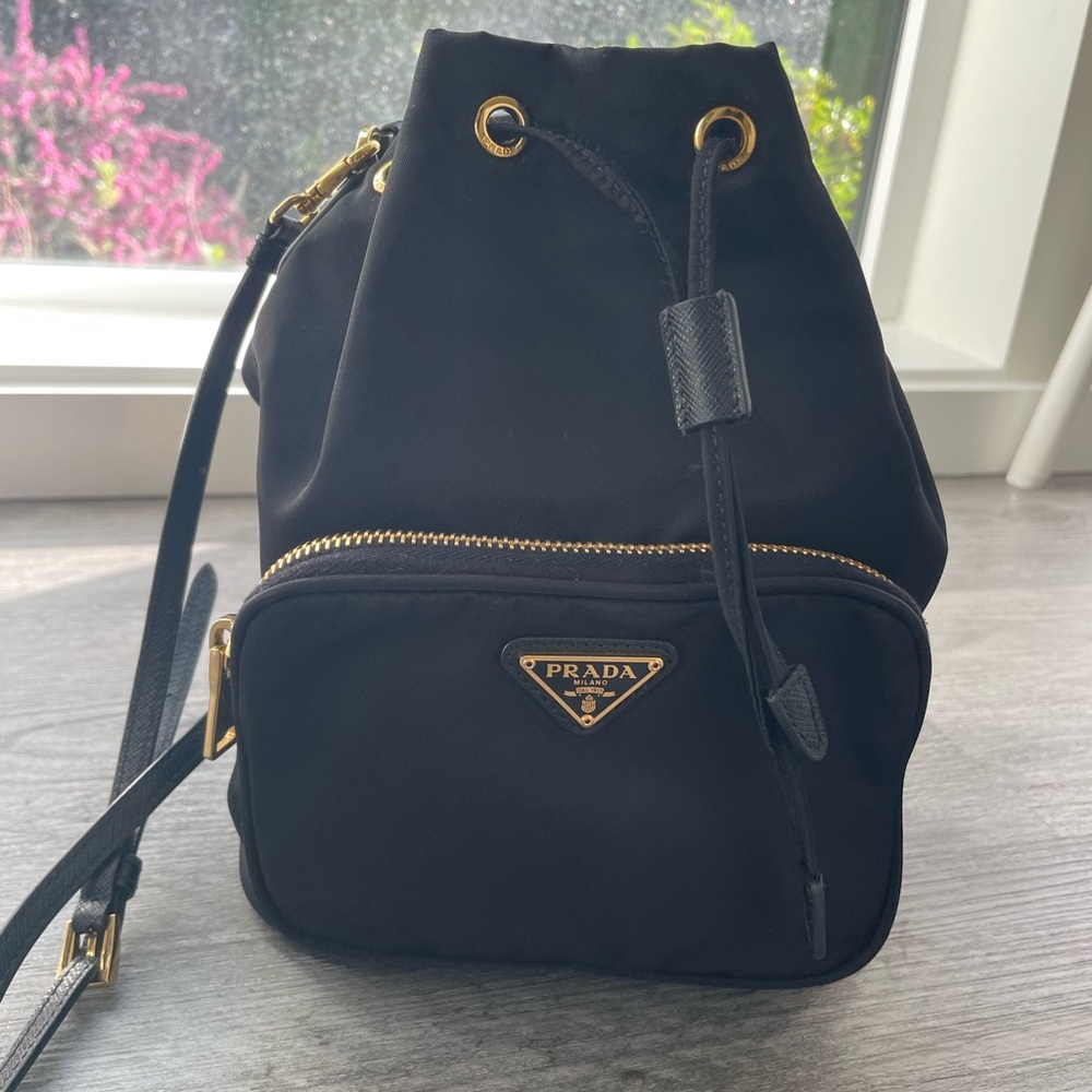 Prada Black Nylon Drawstring Mini Backpack with G… - image 1